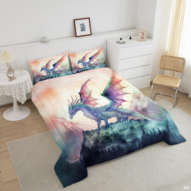Close-up view of dragon bedding showcasing adorable baby creature artwork and vibrant pastel tones