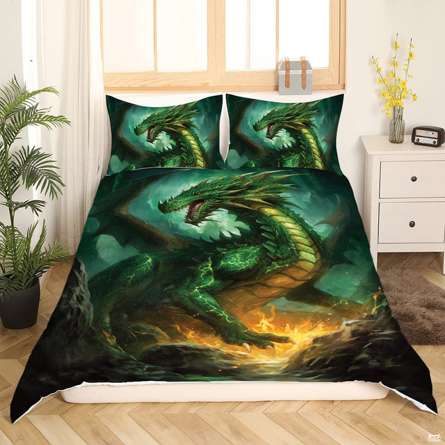 Fierce green dragon with intricate scales and glowing embers displayed on decorative bedding in a styled bedroom.