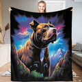 Majestic mountain pitbull dog throw blanket featuring noble brown dog framed by alpine peaks and sunset sky