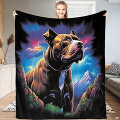 Majestic mountain pitbull dog throw blanket featuring noble brown dog framed by alpine peaks and sunset sky