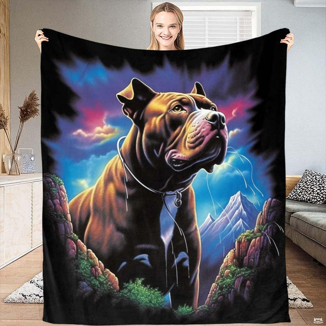 Majestic mountain pitbull dog throw blanket featuring noble brown dog framed by alpine peaks and sunset sky