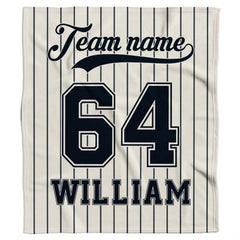 Classic baseball jersey aesthetic with navy pinstripes and bold athletic block numbers displayed on bed.