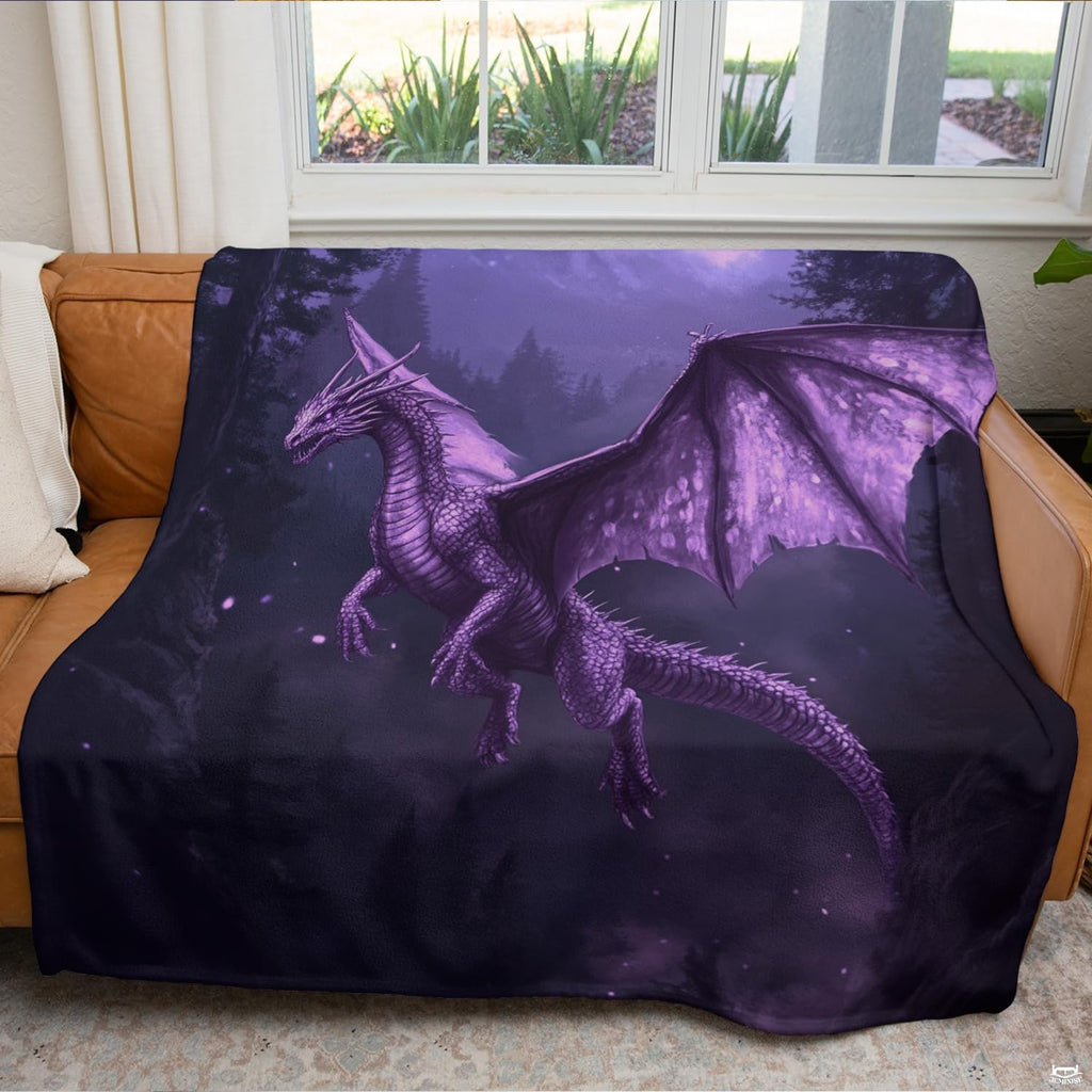 Nocturnal purple dragon throw blanket draped across a modern living room couch
