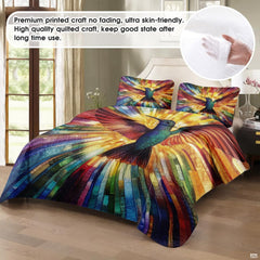 Staged bed showing hummingbird against warm yellow centered color burst