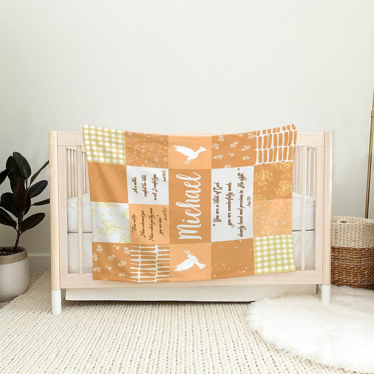 Peace dove honey peach gingham blanket detail of dove and dandelion artwork