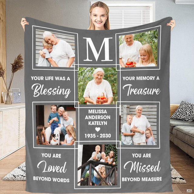 Full view of memorial throw blanket held up, featuring six photo frames, a monogram header, and tribute text.