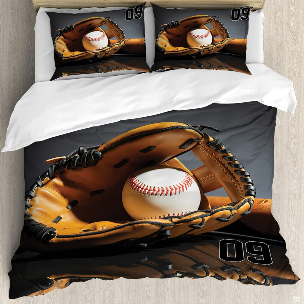 Close-up view of baseball bedding highlighting detailed red curved laces, ball panels, and typography