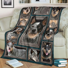 Australian Cattle Dog throw blanket styled across a living room sofa near stacked books and a cup.