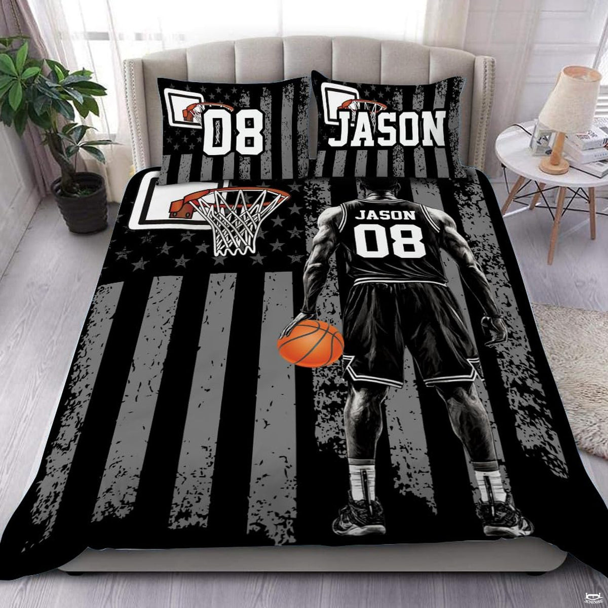 Basketball player sports bedding featuring athlete with basketball and hoop against grunge flag background