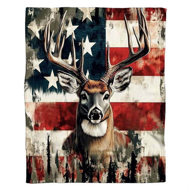 Whitetail buck illustration on lavender purple bedding sets with rustic flag background.