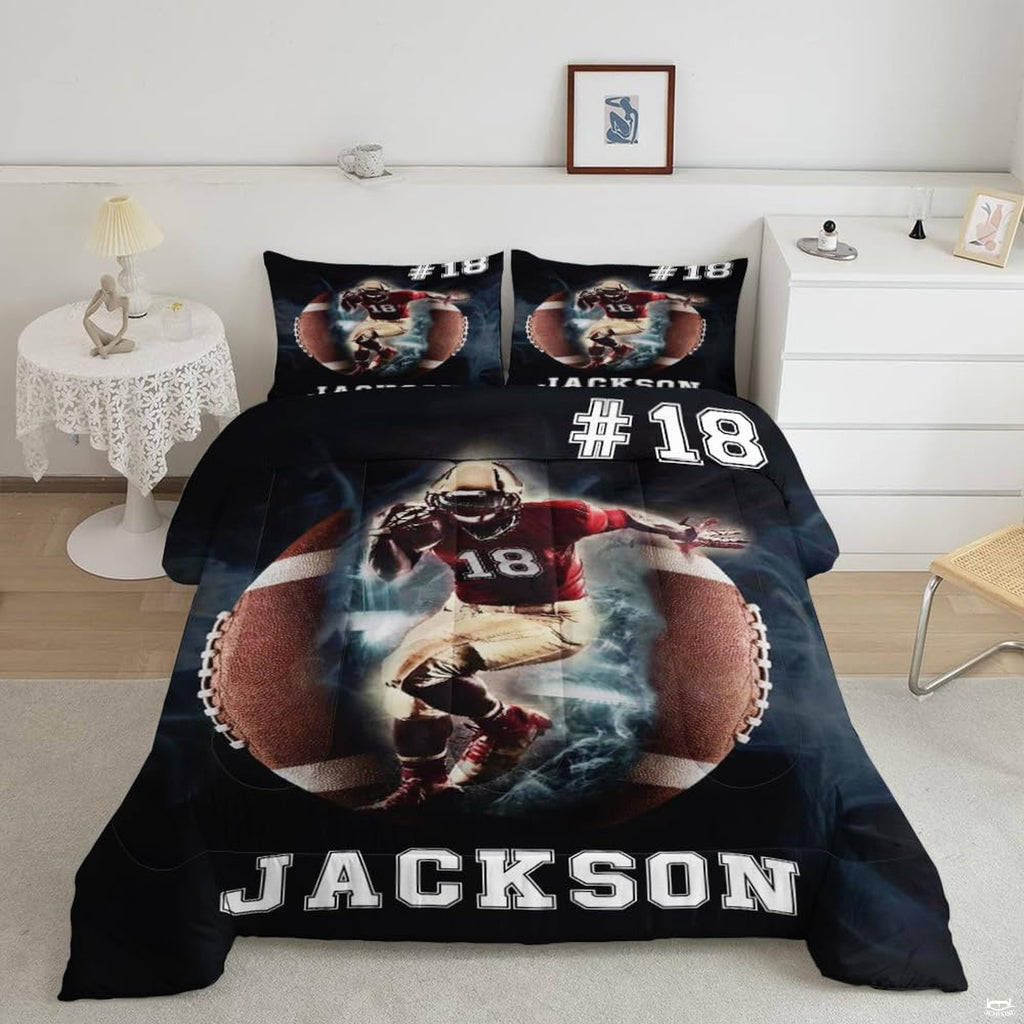 Burgundy maroon footballer athlete sports bedding featuring an athletic soccer player in motion on a bed