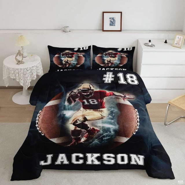 Burgundy maroon footballer athlete sports bedding featuring an athletic soccer player in motion on a bed