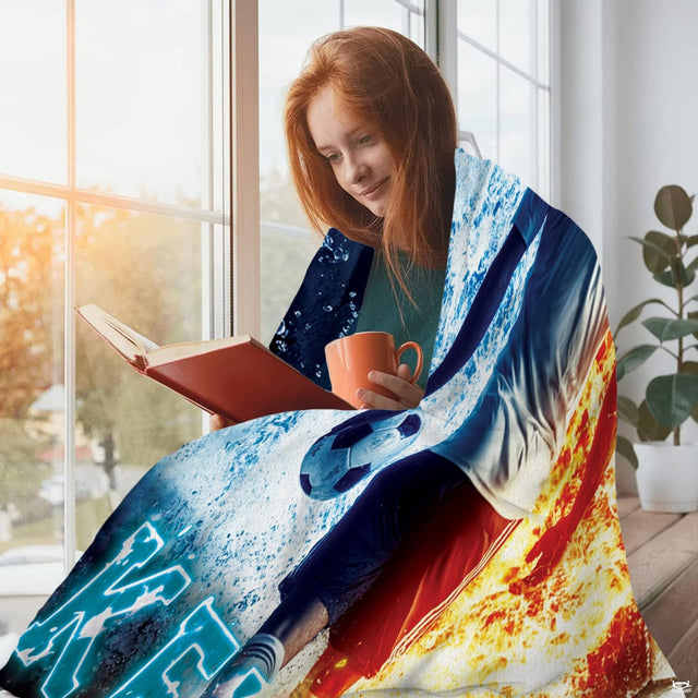 Fire and ice soccer sports throw blanket view 2 detailing flames and frozen water splash