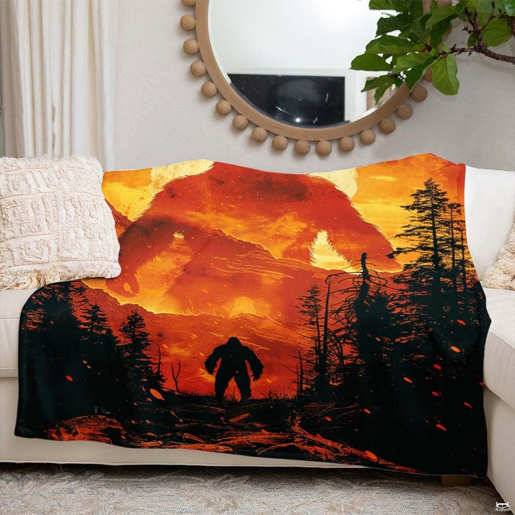Fiery Bigfoot Sasquatch towering over mountain ridges and pine trees, view 5.