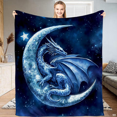 Celestial crescent moon blue fantasy dragon blanket showing mythical winged dragon and lunar crescent view 1