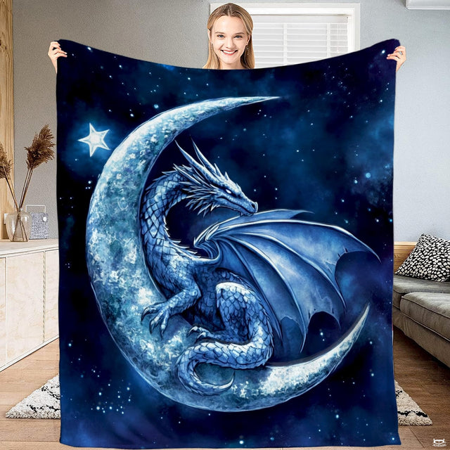 Celestial crescent moon blue fantasy dragon blanket showing mythical winged dragon and lunar crescent view 1