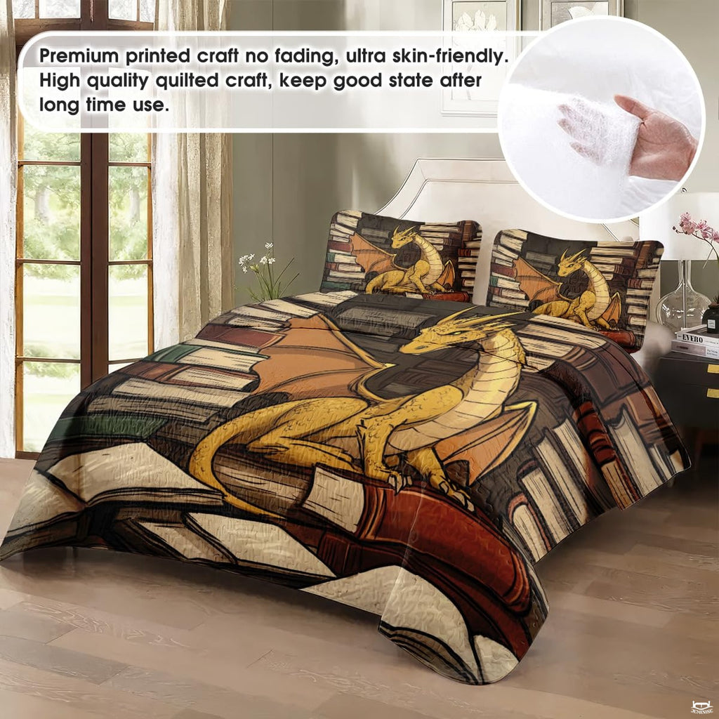 Dragon library artwork displayed across a bed