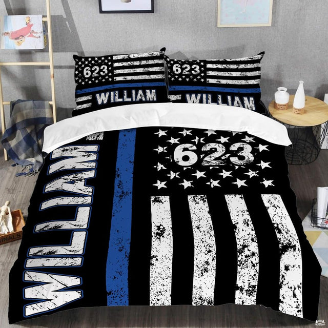 Black white and blue grunge flag design with weathered bars and bold vertical lettering