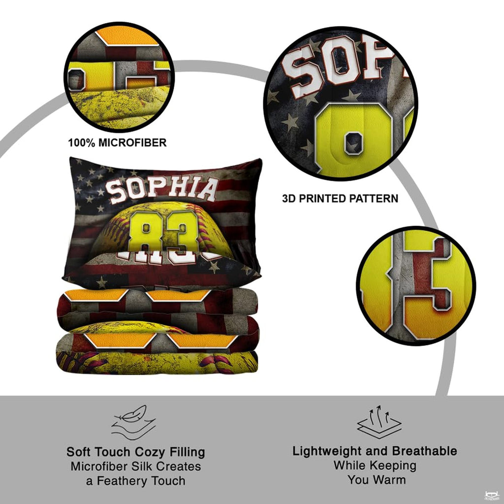 Coordinated pillow sham showcasing softball and flag graphics from the athletic sports bedding set