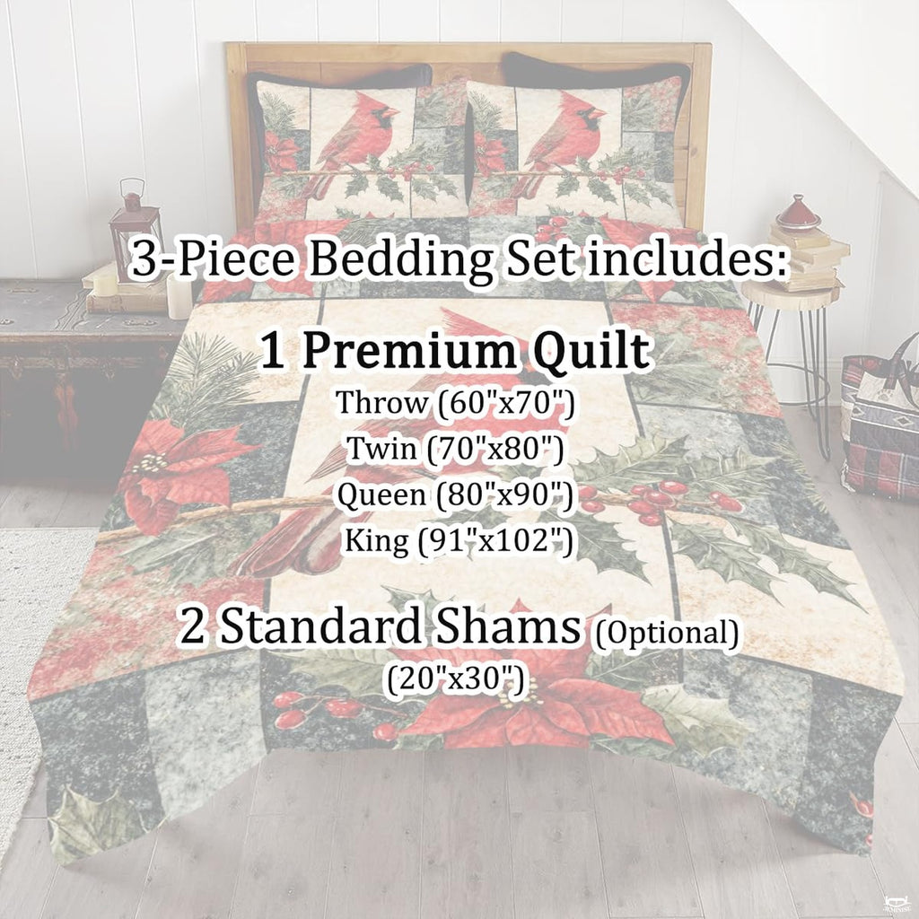 Overhead perspective of festive seasonal bedroom decor showing cardinal bird art and rustic plaid squares.