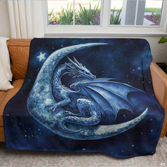 Celestial crescent moon blue fantasy dragon blanket showing mythical winged dragon and lunar crescent view 3