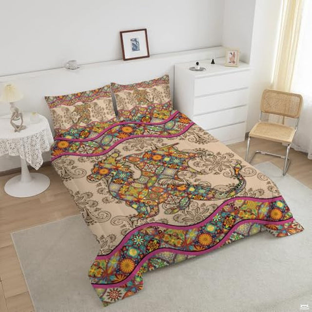 Angled bedroom view highlighting Moroccan kaleidoscope dragon bedding with matching printed pillow shams.