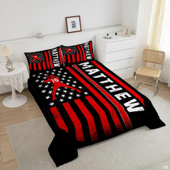 Corner perspective of baseball bedding highlighting rich red graphic printing against bold dark contrast