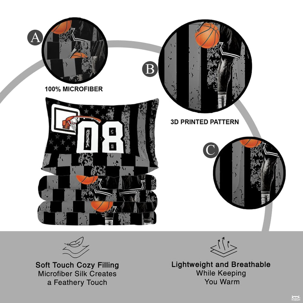 Overhead view of athletic basketball sports bedding spread across a contemporary bedroom bed setup