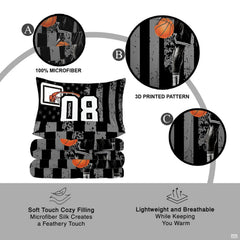 Overhead view of athletic basketball sports bedding spread across a contemporary bedroom bed setup