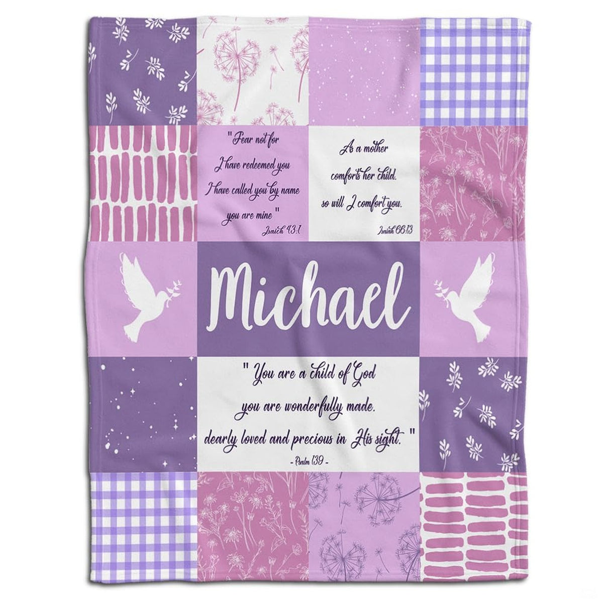 Frontal display of lavender patchwork pattern with white peace doves and dandelion motifs.