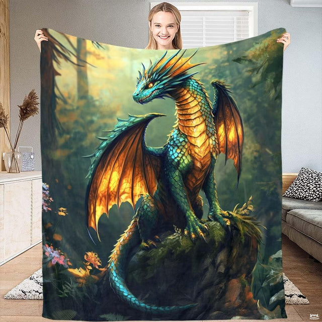 Enchanted woodland bedding displaying an emerald dragon resting on mossy rocks surrounded by wild forest flowers.