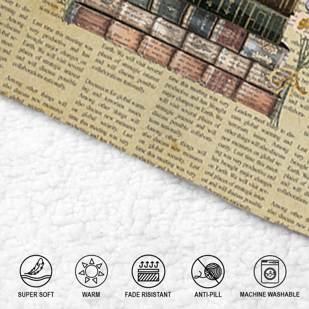Botanical and literary artwork details across a thematic accent parchment-toned bookish bedding set.