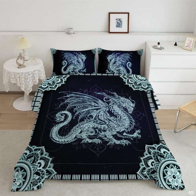 Overhead bedroom view of bohemian bedding featuring ice blue filigree dragon and corner mandala medallions.