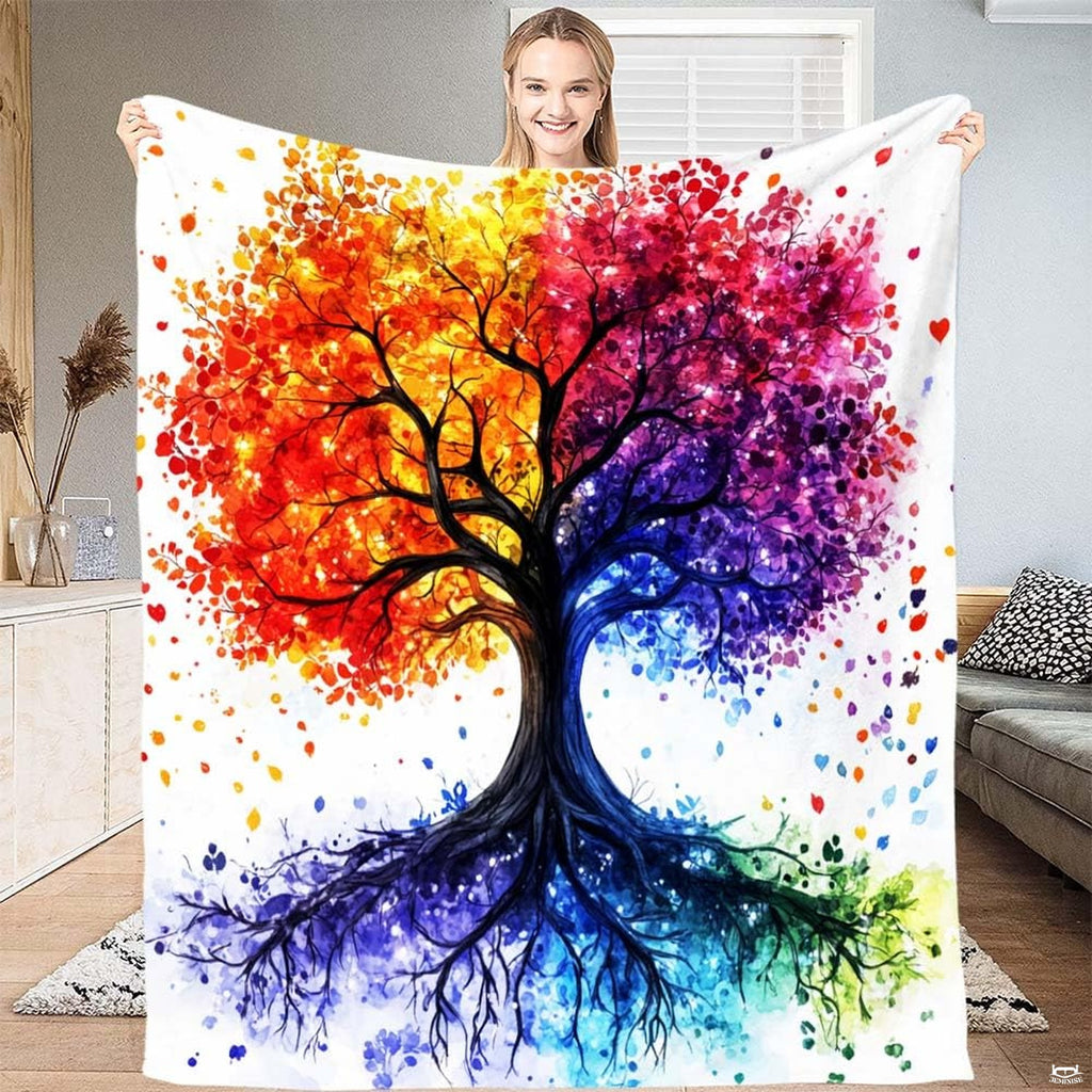 Watercolor rainbow tree of life colorful art blanket showing painterly design view 1