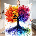 Watercolor rainbow tree of life colorful art blanket showing painterly design view 1