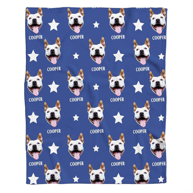 Pet bed picture design showing repeating cheerful canine illustration and celestial stars on royal blue.