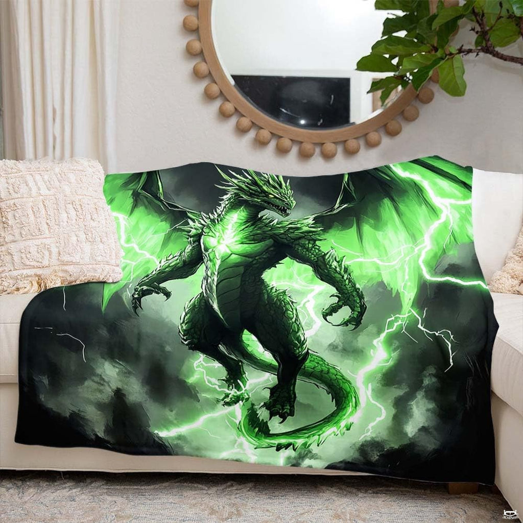 Green lightning dragon throw blanket draped over a living room sofa creating an energetic fantasy accent.