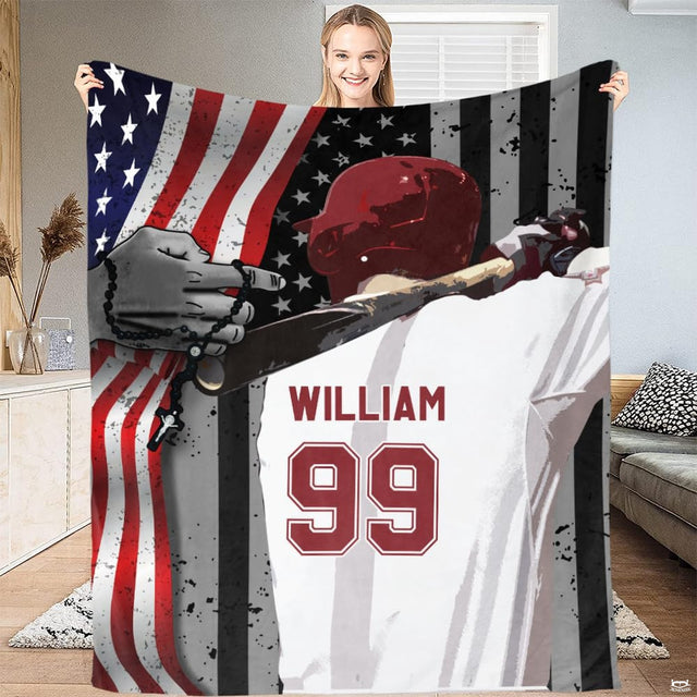 Baseball batter in hitting stance before American flag with jersey typography, view 2.