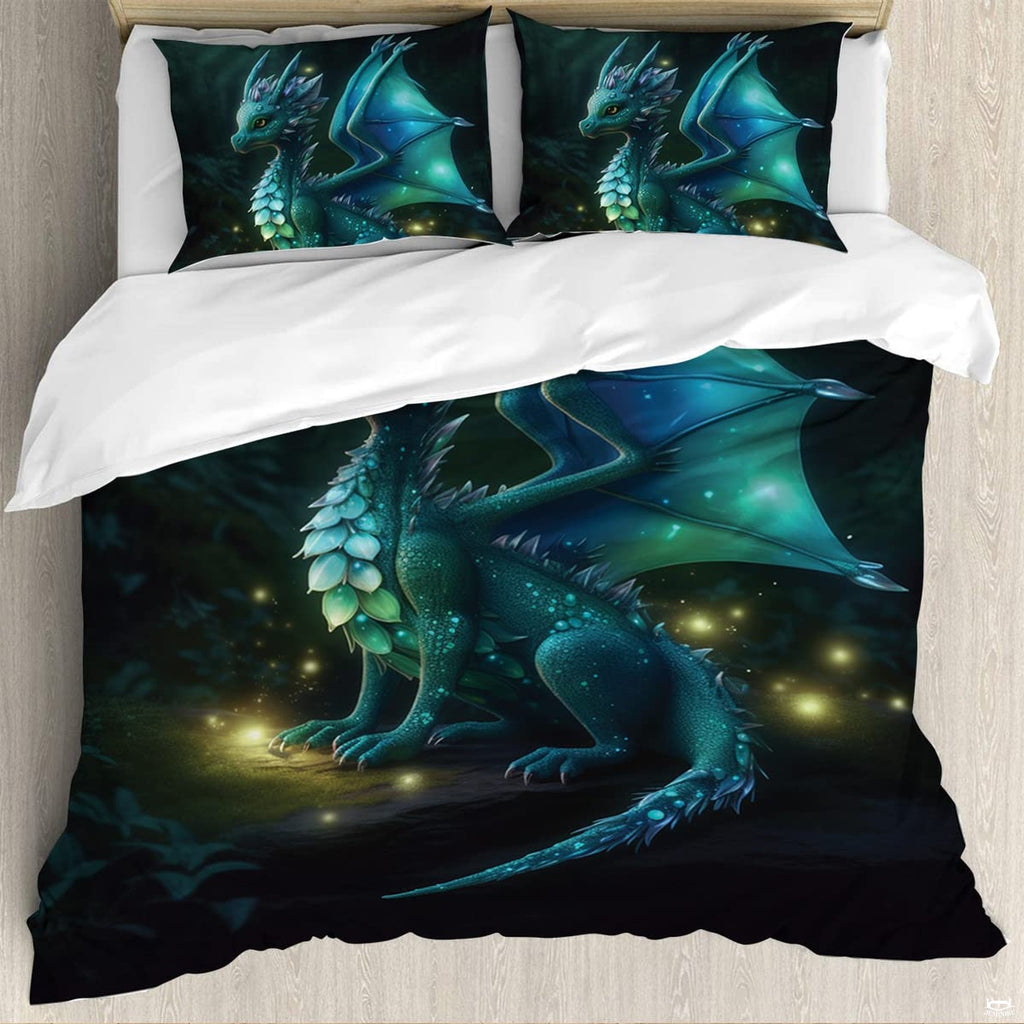 Matching pillowcase detail for dragon bedding set displaying the charming winged dragon in a dark woodland glade