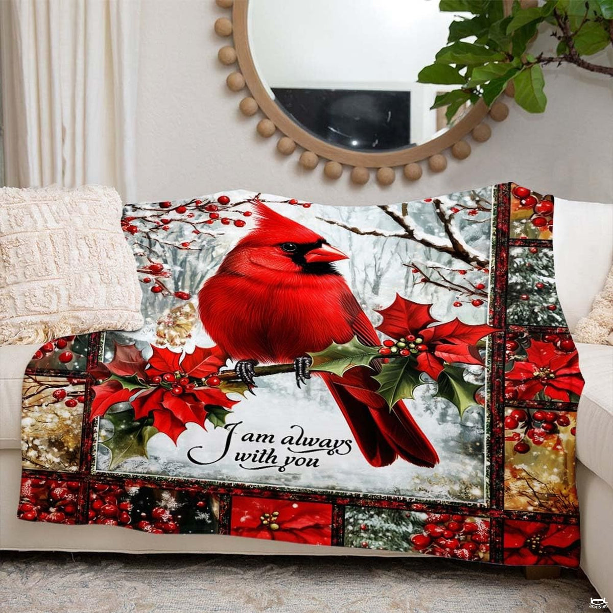 Angled bedroom view showcasing the vivid red bird print and decorative winter woodland archway scene.