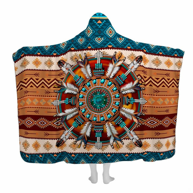 Native American medicine wheel mandala with ceremonial feathers and turquoise borders, view 1.
