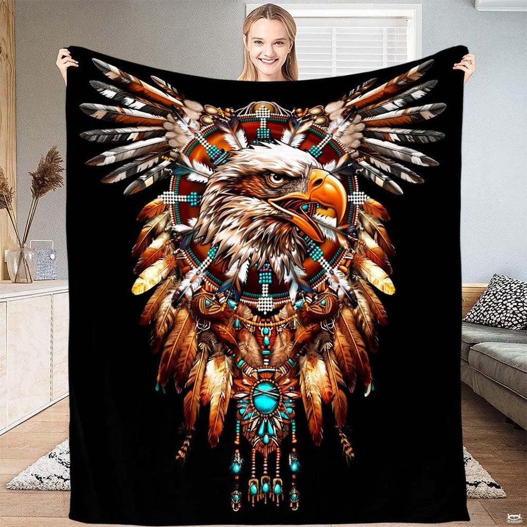 Tribal bald eagle feather medallion throw blanket featuring eagle portrait with turquoise beads on black background