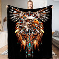 Tribal bald eagle feather medallion throw blanket featuring eagle portrait with turquoise beads on black background