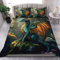 Teal dragon bedding in a bright bedroom
