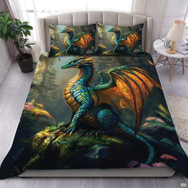 Teal dragon bedding in a bright bedroom