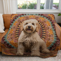 Mandala canine pet graphic blanket arranged over living room armchair