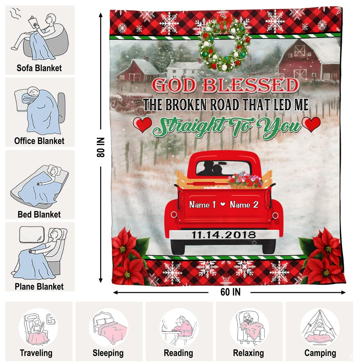 Close-up of decorative holiday wreath and vibrant poinsettia accents on Christmas red truck artwork.