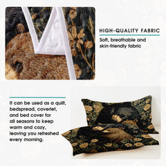 Rustic bedroom setup presenting cabin bed age aesthetic with wildlife motif bedding, wood nightstand, and ambient lamp.