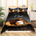 Marigold orange and charcoal baseball athletic sports bedding set displayed on a bed in a modern room