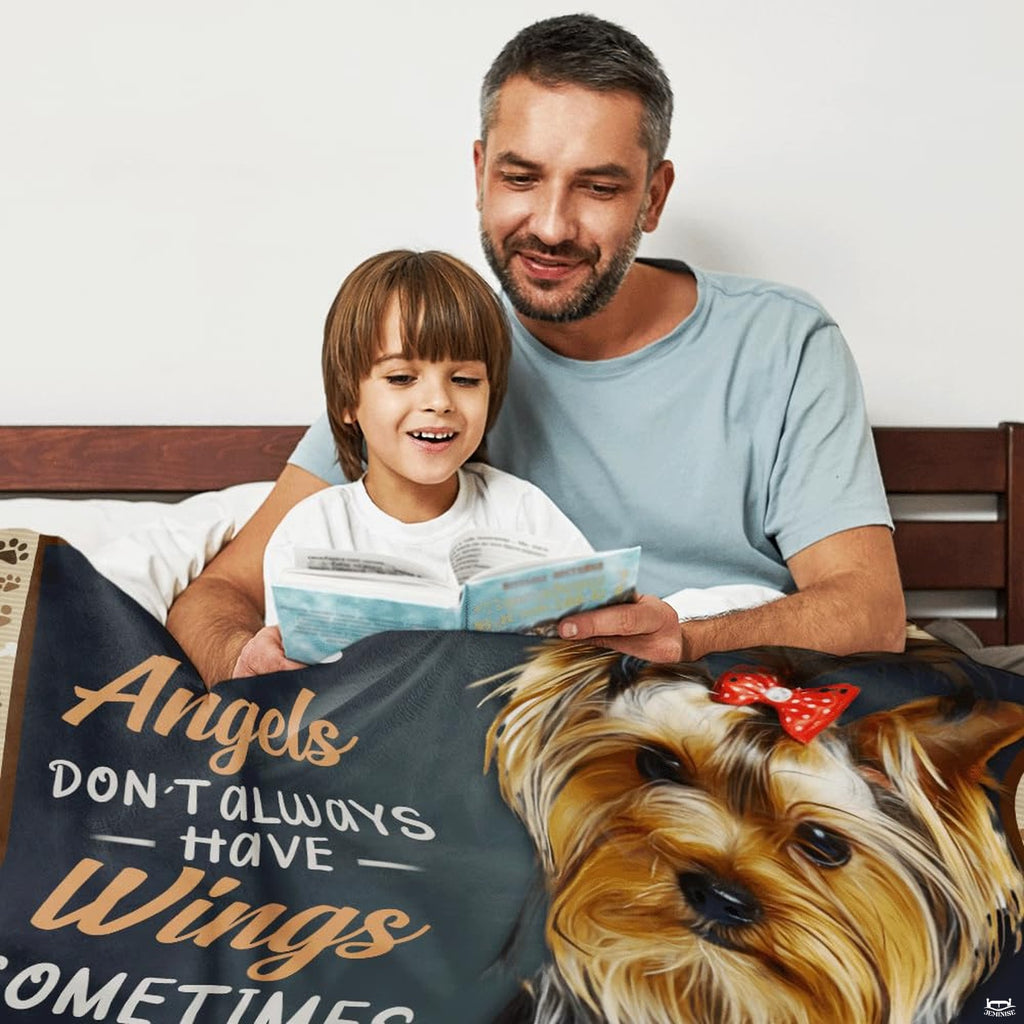 Detailed Yorkshire terrier art on a bedroom display arranged with yorkie dog pillows.